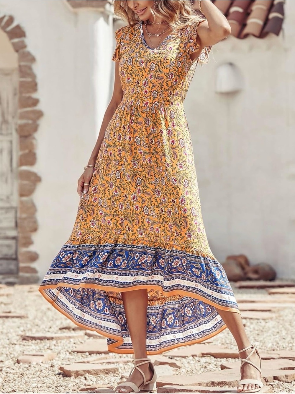 NWT FASHION Women's Summer Maxi Dress Casual Floral V Neck Cap Sleeves Boho High